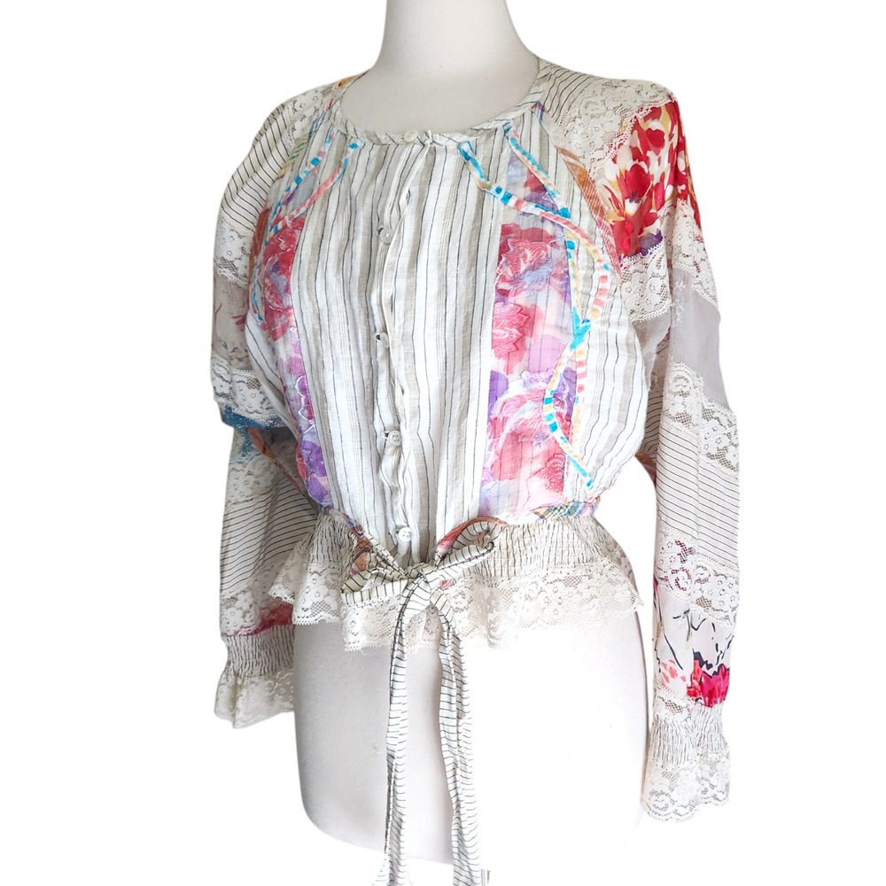 Anthropologie Mixed Media Cocoon Kimono Blouse Womens M Boho Belted Peplum